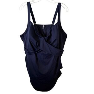 Lands' End Women's Navy V‎ Neck Faux Wrap Tankini Top in Size 24W
